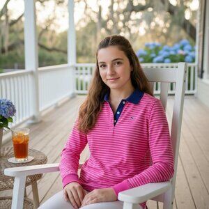 Vineyard Vines Pink and Blue Striped Long Sleeve Polo